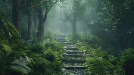 a peaceful, mossy forest trail that winds through enormous trees and has soft lighting. 