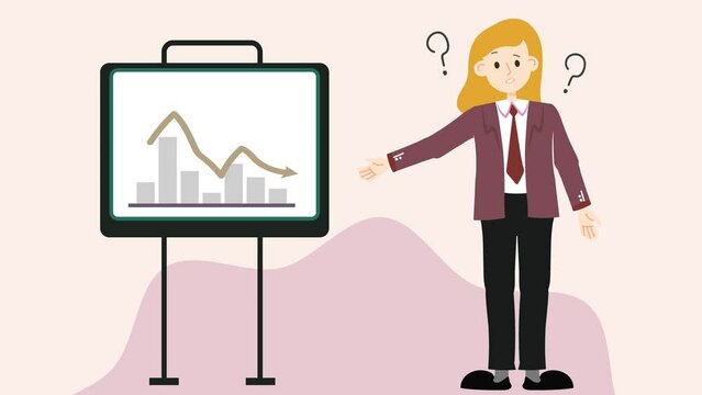 Confused businesswoman present sluggish turnover or profits chart. 2D flat cartoon style character animation footage. Office worker showing report performance unstable with hand point and lip syncing