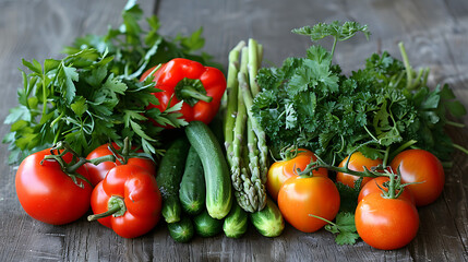 A variety of vegetables displayed on a table, including tomatoes, cucumbers, zucchini, asparagus, bell peppers, parsley, and hot peppers.