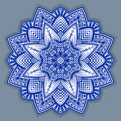 Vector abstract circular mandala design decorative element ethnic style. Blue line and white area for coloring. Shadow around of mandala. Arab, Islam, Indian, Chinese. Yoga illustration.