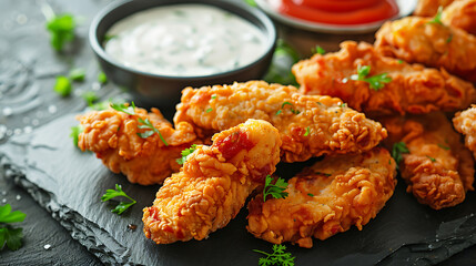 Fried chicken strips or nuggets served with ketchup and ranch dipping sauce. - obrazy, fototapety, plakaty