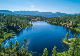Fototapeta na wymiar High angle view of a lake and forest