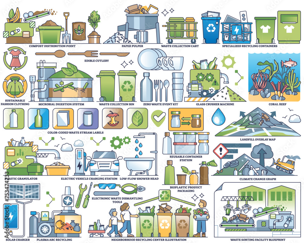 Poster advanced waste management and sustainable garbage recycling collection set. labeled elements with en