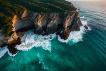 Spectacular drone photo, top view of seascape ocean wave crashing rocky cliff with sunset at the...