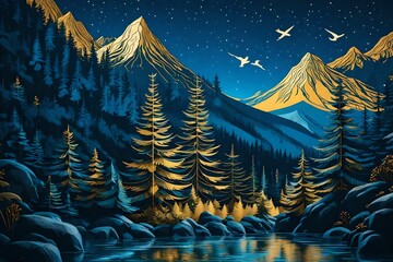 Dark blue mural wallpaper from the contemporary era Christmas tree, mountain, deer, birds, and waves of gold on a dark blue backdrop depicting a jungle or forest