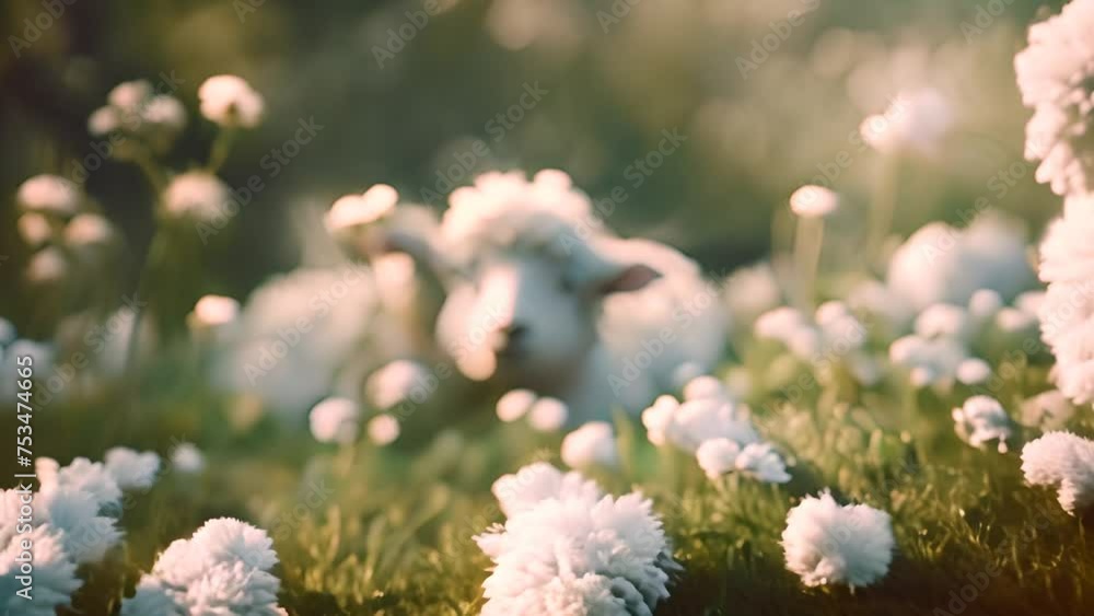 Poster sheep resting in field of white flowers generative ai