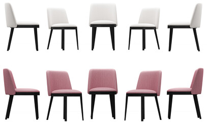 Modern and luxury white and pink chair set with black wooden legs isolated on white background. Furniture Collection. 
