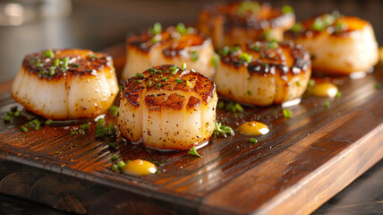 delicious grilled scallops with herbs and creamy dressing - obrazy, fototapety, plakaty