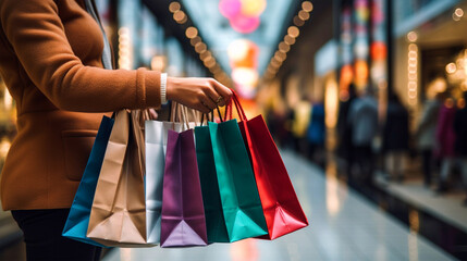 Woman in shopping mall holding shopping bags - ai generative