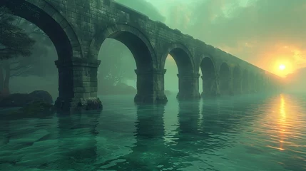 Photo sur Plexiglas Olive verte As the mist gently envelops the landscape on an autumn morning, a historic stone arch bridge emerges as a symbol of tranquility, its reflection mirrored flawlessly in the serene waters, inviting conte