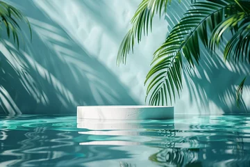 Door stickers Reflection Amidst the tranquil ambiance of tropical palm leaf shadows reflected on water, a white circular podium stands as a calming and refreshing display setup, ideal for creating a serene atmosphere