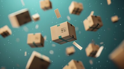Closed and taped cardboard boxes flying isolated on turquoise