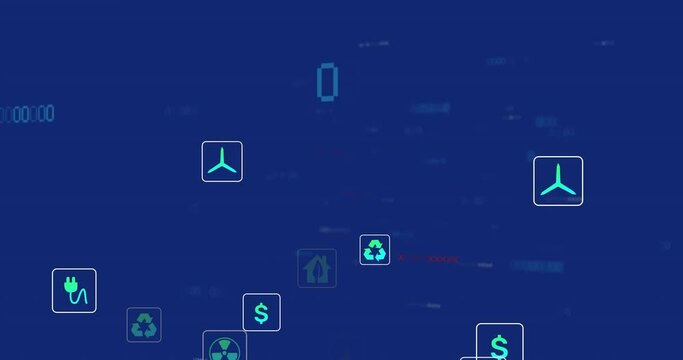 Animation of digital eco icons and data processing over blue background