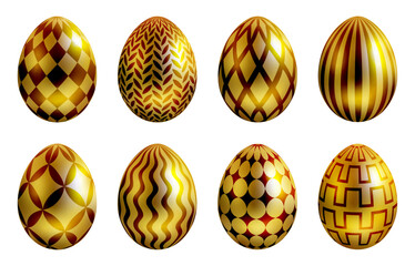 Gold Easter eggs set, realistic 3D egg, painted pattern