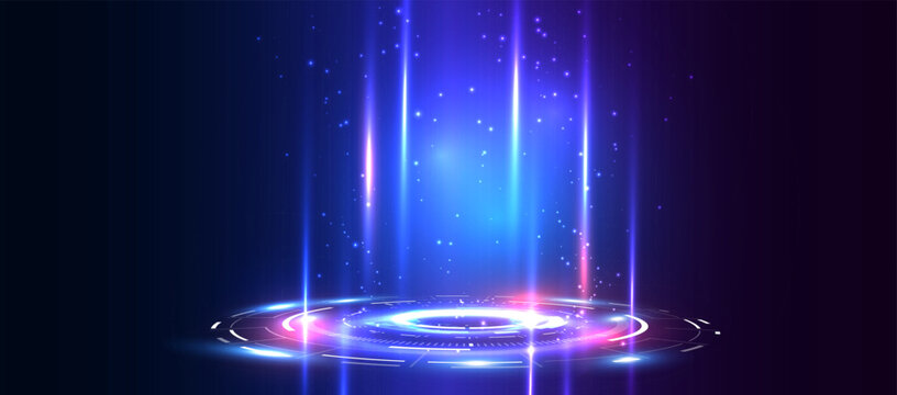 Portal and hologram science futuristic technology background. Sci-fi digital hi-tech stage in glowing HUD projector. Magic gate in game fantasy. Circle teleport podium. GUI, UI virtual reality. Vector