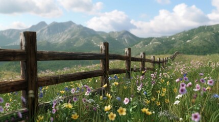 Fototapeta premium A rustic wooden fence bordering a wildflower meadow,