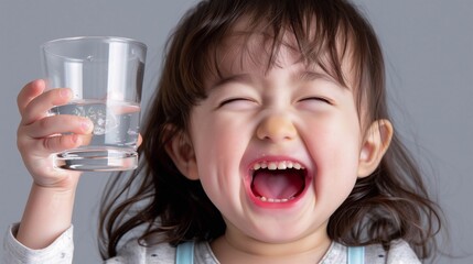 Joyful Toddler Girl with Glass of Water, Hydration Concept