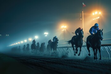 A scene depicting a horse race taking place on a foggy night, with the track lights creating an eerie glow that partially reveals the racing horses, adding a mysterious atmosphere to the race. 8k