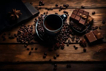 Fotobehang hot coffee, tea or chocolate in black cup on wooden plank © Eun Woo Ai