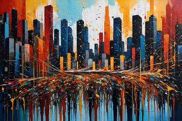 Foto auf Acrylglas An abstract painting of a cityscape with vibrant paint drips depicting the energy and movement of urban life in a visually striking way. © Eun Woo Ai