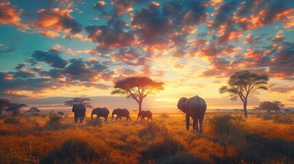  group of elephants walking across a savanna at sunset, with acacia trees and a vibrant sky in the...