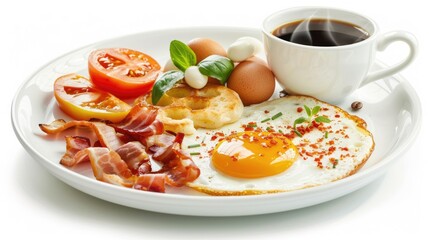 Delicious English breakfast and a cup of coffee on a white background.