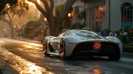 Fototapeta premium A sophisticated sports car parked along a road surrounded by autumn foliage and townhouses.