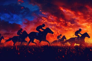 silhouettes of racing horses are set against a brightly lit audience and a vivid nighttime sky - obrazy, fototapety, plakaty