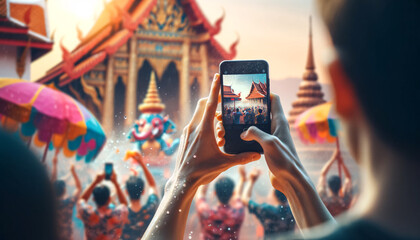 Tourist Captures Songkran Festival Moments, Thailand - obrazy, fototapety, plakaty