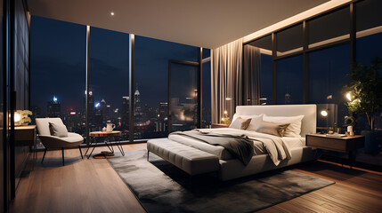 Bedroom interior with a double bed, a large panoramic window and a study corner. Big horizontal poster,Modern apartment bedroom comfortable bed near window
