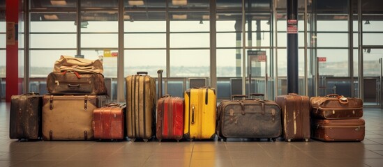 Suitcases in the airport waiting area - obrazy, fototapety, plakaty