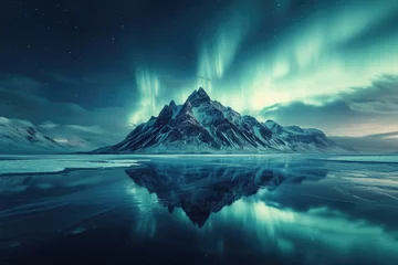 Papier Peint photo autocollant Réflexion A secluded mountain peak under the spell of the Northern Lights, with the auroras reflecting in a nearby frozen lake. 8k