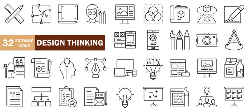 Design thinking line icons set, graphic design icons, designer, brainstorming pen, mobile, 3d printing, idea, innovation, thinking, devices, geometry, designing, on white background, editable stroke 