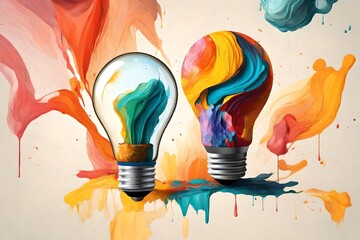 Creativity cocnept, with lightbulb made from oil paint mix, Ai generative illustration