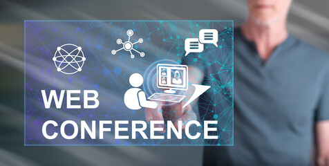 Man touching a web conference concept
