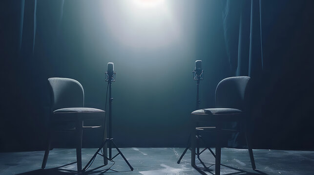 Banner of a podcast or interview room with two chairs and microphones on a dark background, ideal for media conversations or podcast streaming concepts, with space for text.