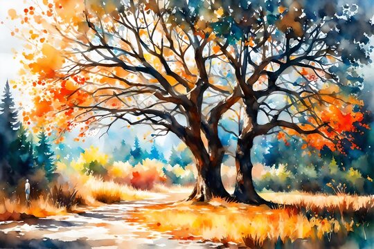 Watercolor oil paint drawing sketch art canvas of color bright tree. Forest nature decoration poster background. Graphic Art