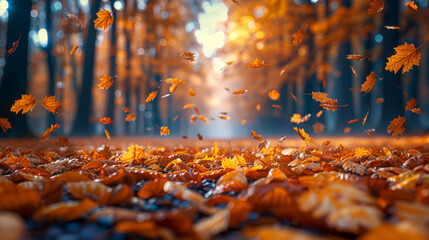 fallen leaves in autumn forest at sunny weather.