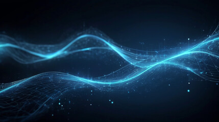 Abstract blue tech background with digital waves, dynamic network system, artificial neural connections, cyber quantum computing and electronic global intelligence
