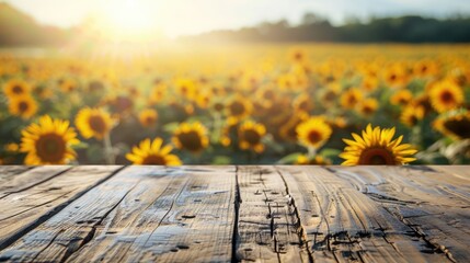 Blank wooden table top with blurred background of sunflower field Thriving image concept