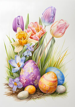Easter background image decorated with eggs and flowers