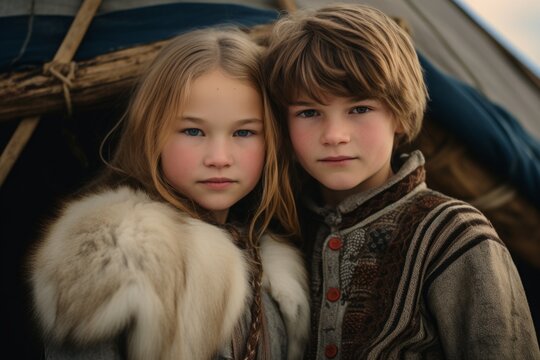 Evenki children, boy and girl, standing near the yurt. the indigenous inhabitants of the northern regions.