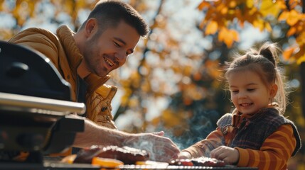 Father and daughter having a barbecue in the autumn