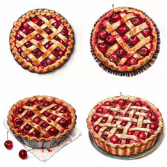 Watercolor cherry pie detailed on white background