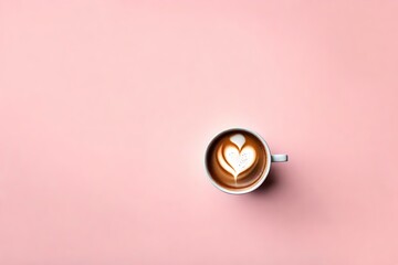minimalist pink background with a Tea cup, cappuccino, coffee , top view with empty copy space