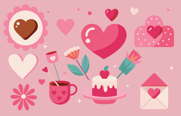 Pink Tulips and Hearts, a Lovely Set of Flowers – Vector Illustration for Valentine's Day, Love, Wedding, and Romantic Celebrations