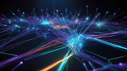 Abstract technology background with illuminated fiber optic network connections - obrazy, fototapety, plakaty