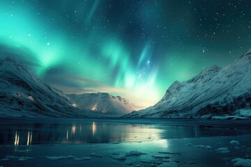 A serene display of the Northern Lights over a majestic mountain landscape, where winter's chill meets celestial wonder. 8k