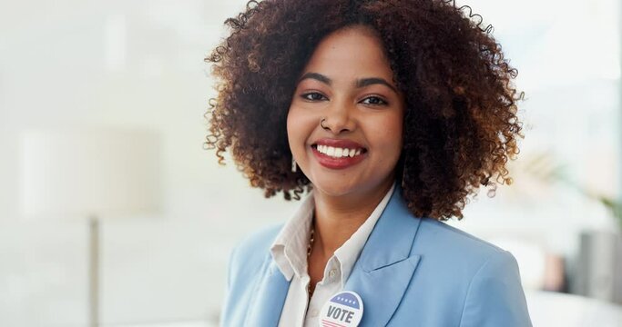 Vote, badge and face of a black woman with pin for election and voting decision with smile. Registration, portrait and campaign assistant with political job and government administration to register