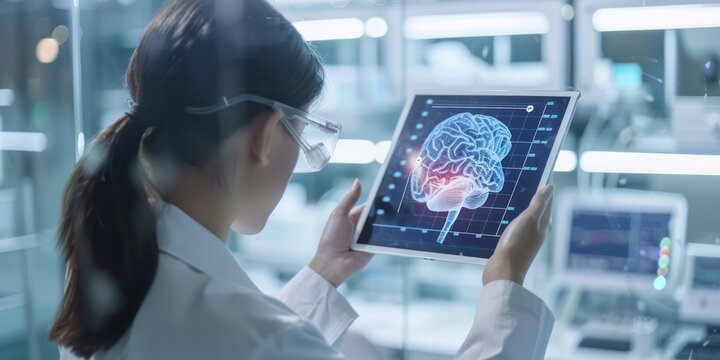 Scientist holding tablet with brain image, brain research 